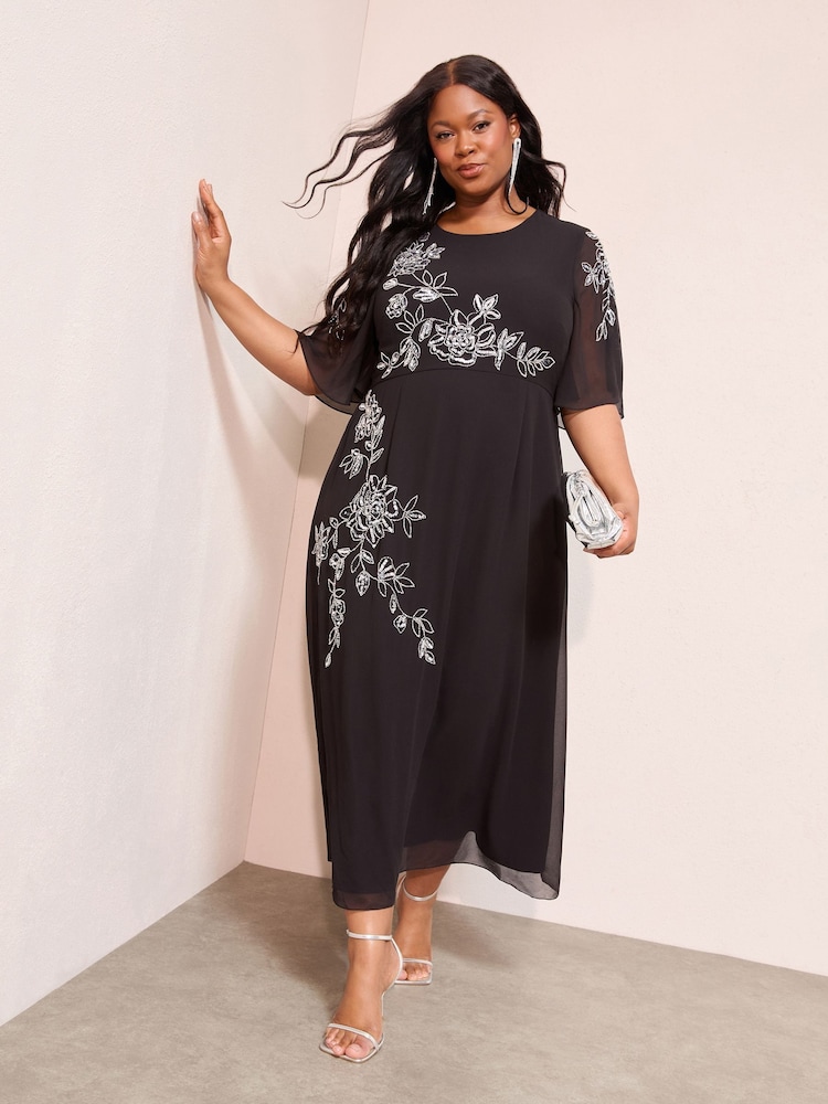 Friends Like These Black Curve Short Sleeve Embellished Midi Dress - Image 2 of 4