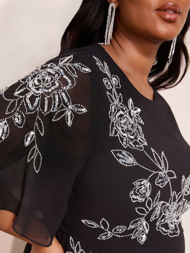 Friends Like These Black Curve Short Sleeve Embellished Midi Dress - Image 4 of 4