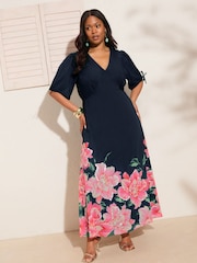 Friends Like These Navy Floral Curve Short Sleeve Embellished Midi Dress - Image 1 of 4