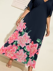 Friends Like These Navy Floral Curve Short Sleeve Embellished Midi Dress - Image 3 of 4