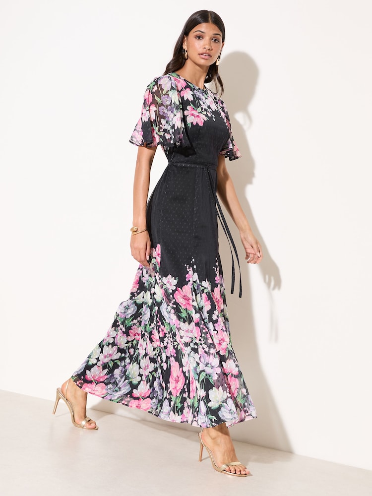 Friends Like These Black Floral Petite Spot Chiffon Short Sleeve Midi Dress - Image 1 of 4
