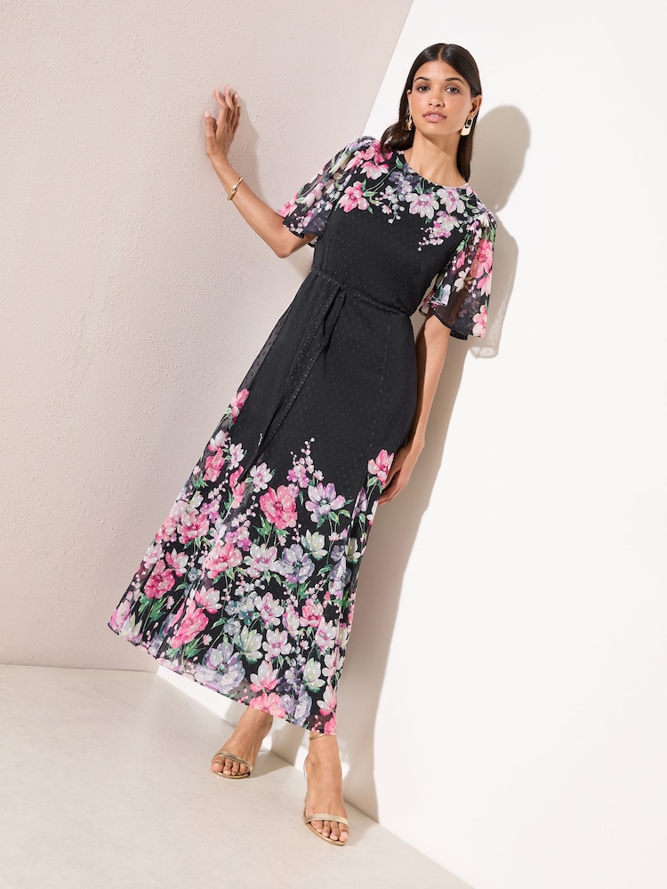 black floral chiffon dress Black Floral Chiffon Smocked Waist Midi Dress Small
