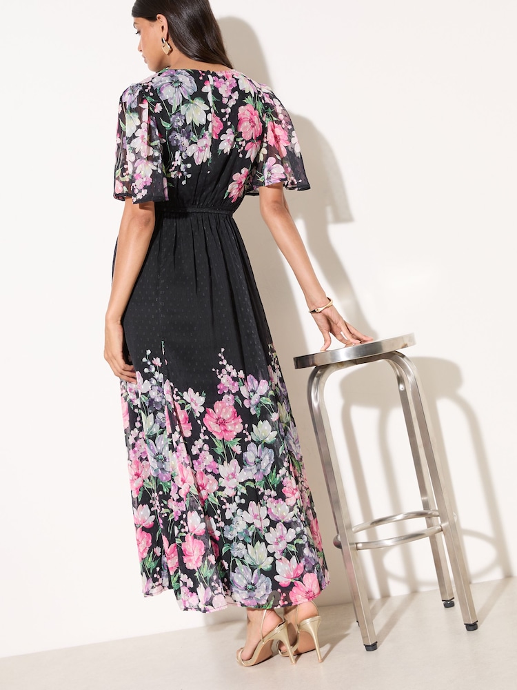 Friends Like These Black Floral Petite Spot Chiffon Short Sleeve Midi Dress - Image 4 of 4