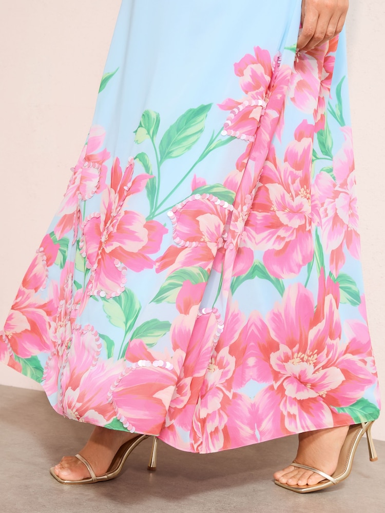 Friends Like These Pale Blue Curve Short Sleeve Embellished Midi Dress - Image 2 of 4