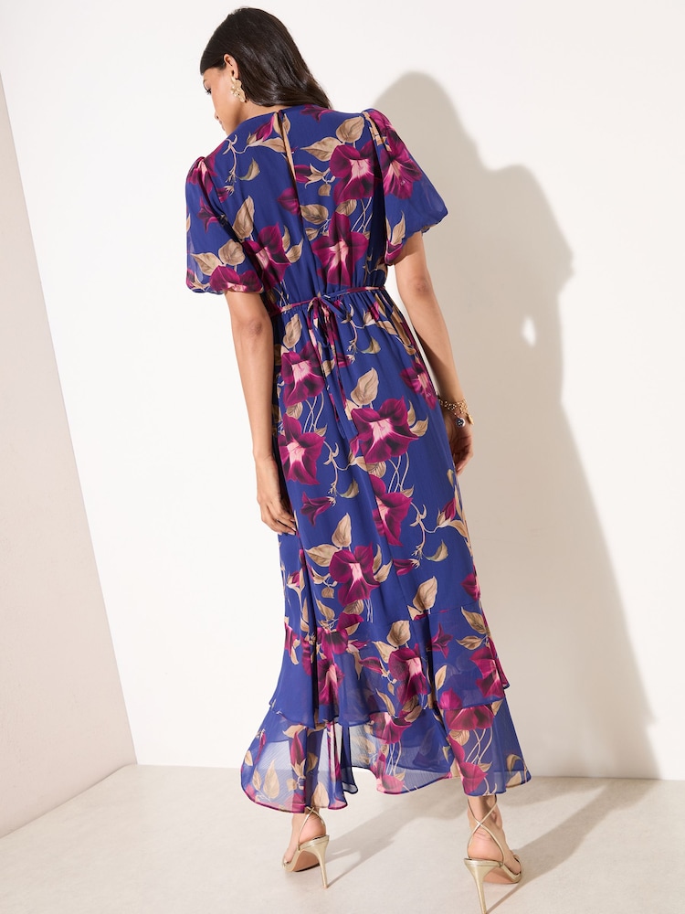 Friends Like These Navy Floral Chiffon Short Sleeve Midi Dress - Image 4 of 4