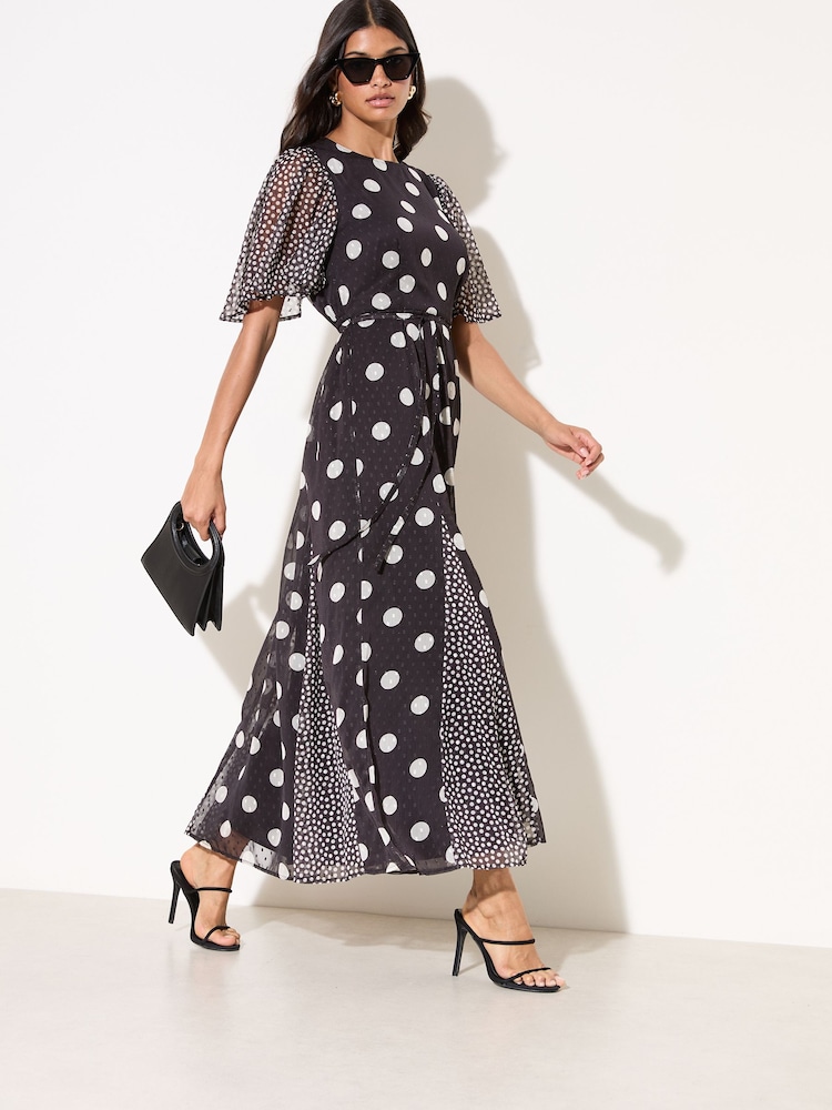 Friends Like These Black/White Petite Spot Chiffon Short Sleeve Midi Dress - Image 1 of 4