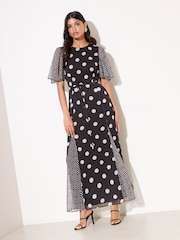 Friends Like These Black/White Petite Spot Chiffon Short Sleeve Midi Dress - Image 2 of 4