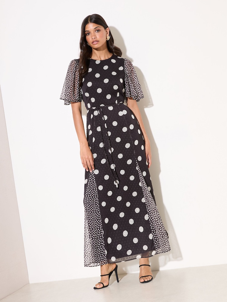 Friends Like These Black/White Petite Spot Chiffon Short Sleeve Midi Dress - Image 2 of 4