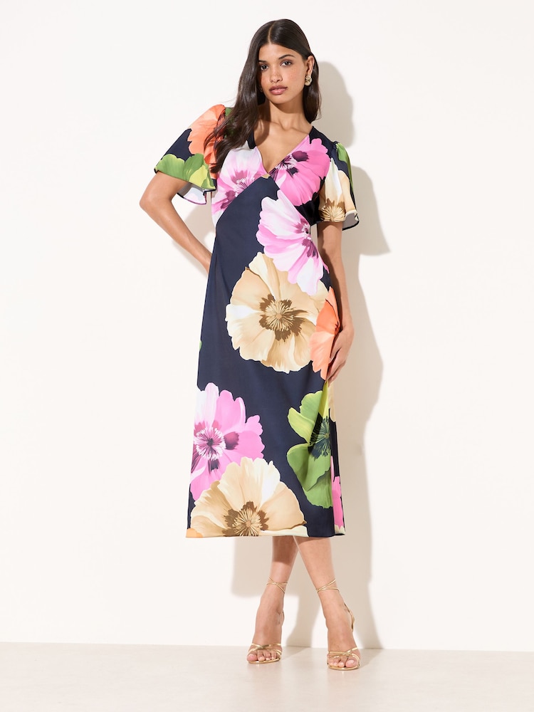 Marineblau - Friends Like These Midikleid aus Satin mit V-Ausschnitt und Floral - Bild 1 von 5