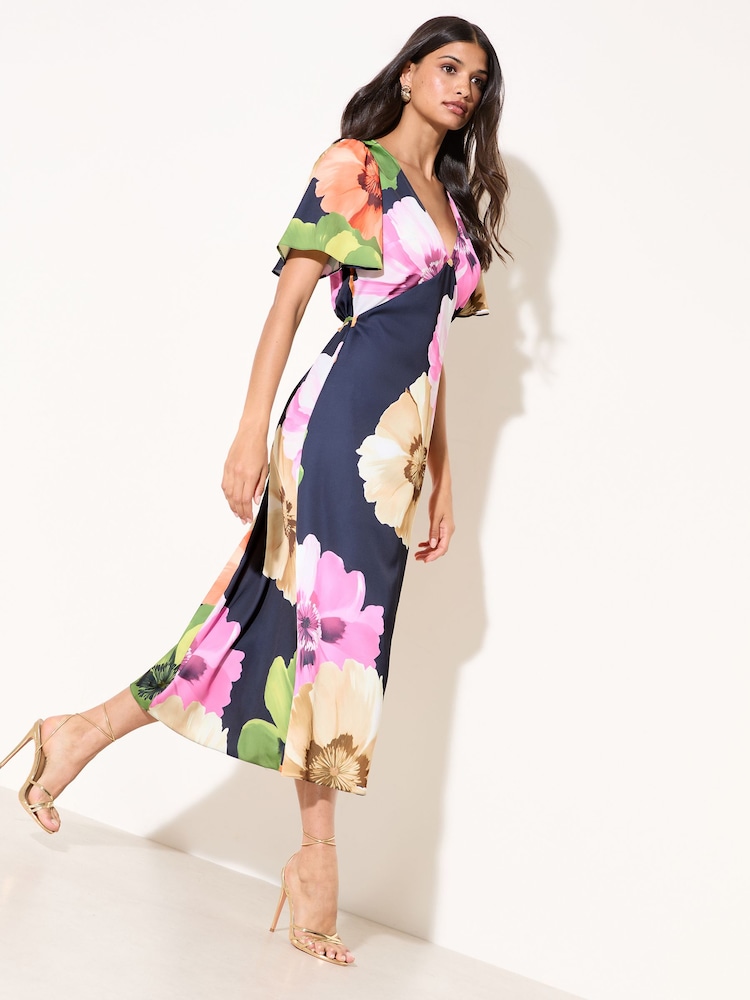 Marineblau - Friends Like These Midikleid aus Satin mit V-Ausschnitt und Floral - Bild 2 von 5