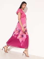 Friends Like These Pink Petite Chiffon Ruffle sleeve V-Neck Midi Dress - Image 1 of 5