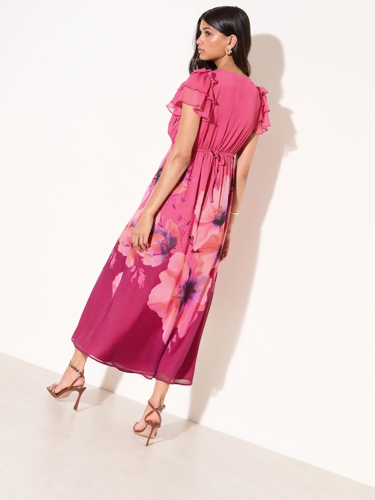 Friends Like These Pink Petite Chiffon Ruffle sleeve V-Neck Midi Dress - Image 2 of 5