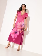Friends Like These Pink Petite Chiffon Ruffle sleeve V-Neck Midi Dress - Image 3 of 5