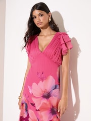 Friends Like These Pink Petite Chiffon Ruffle sleeve V-Neck Midi Dress - Image 4 of 5