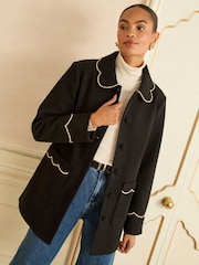 Love & Roses Black Mid Length Scallop Trim Dolly Coat - Image 1 of 4