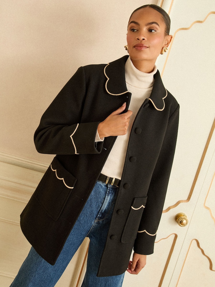 Love & Roses Black Mid Length Scallop Trim Dolly Coat - Image 1 of 4