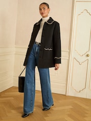 Love & Roses Black Mid Length Scallop Trim Dolly Coat - Image 3 of 4