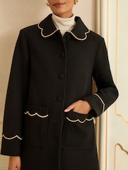Love & Roses Black Mid Length Scallop Trim Dolly Coat - Image 4 of 4