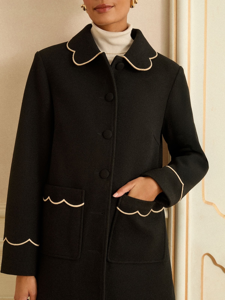 Love & Roses Black Mid Length Scallop Trim Dolly Coat - Image 4 of 4