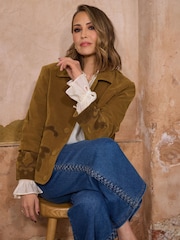 Love & Roses Tan Brown Applique Suedette Collared Swing Jacket - Image 4 of 4