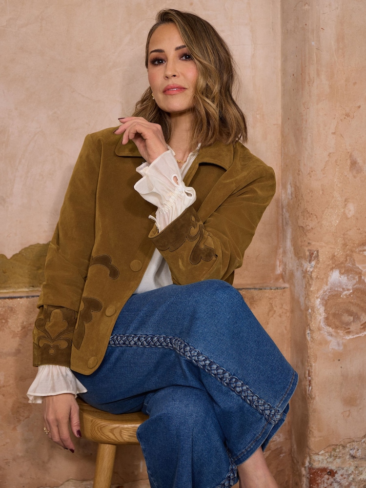 Love & Roses Tan Brown Applique Suedette Collared Swing Jacket - Image 4 of 4