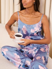 Lipsy Blue Floral Print Satin Cami And Trousers Pyjamas Set - Image 2 of 4