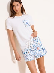 Lipsy White/Blue Tile Print Short Sleeve T-Shirt And Shorts Jersey Pyjamas Set - Image 1 of 4