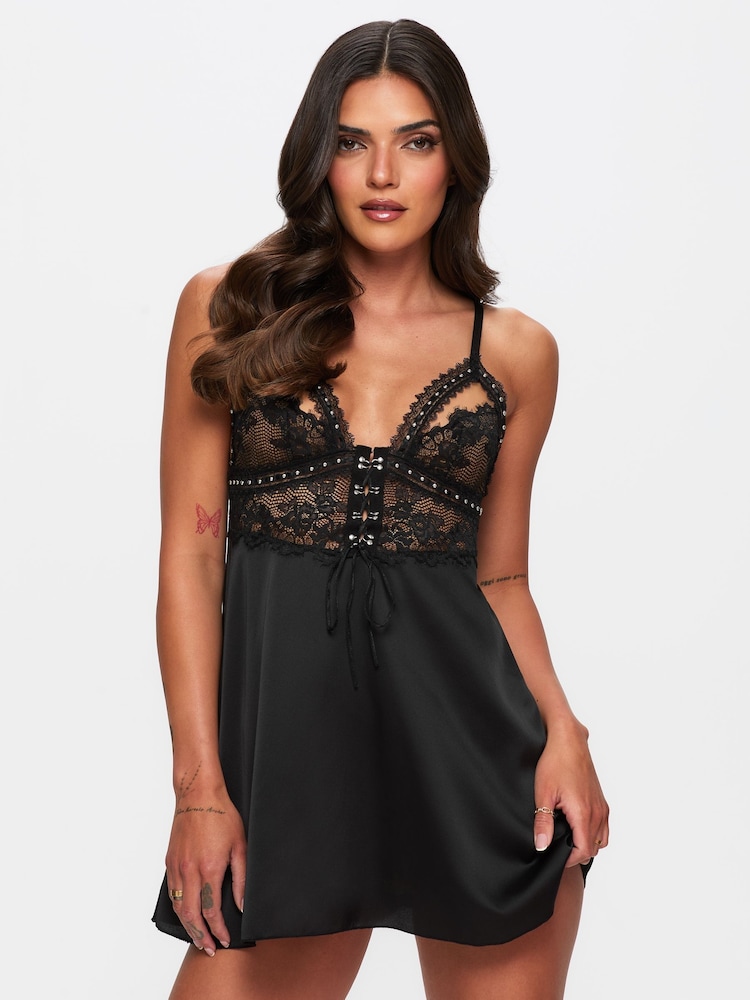 Ann Summers Black Bridgette Satin Lace Chemise - Image 1 of 5 Ann Summers Black Bridgette Satin Lace Chemise - Image 1 of 5
