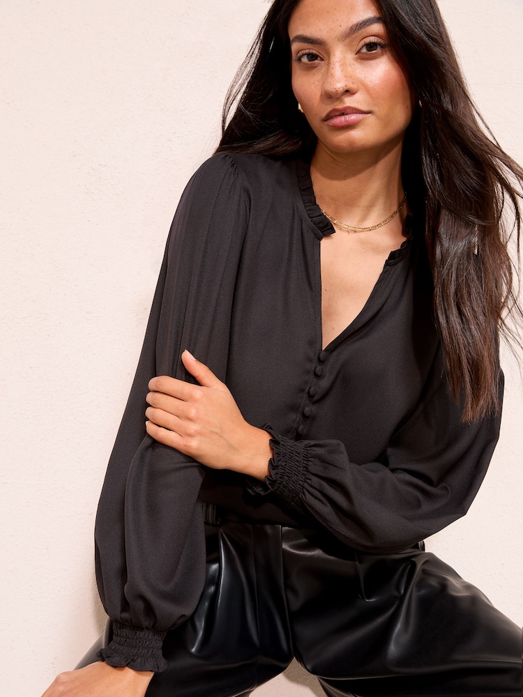 Friends Like These Black Long Sleeve V-Neck Button Front Blouse - Image 1 of 4