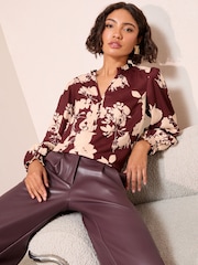 Friends Like These Burgundy Floral Long Sleeve V-Neck Button Front Blouse - Image 1 of 4