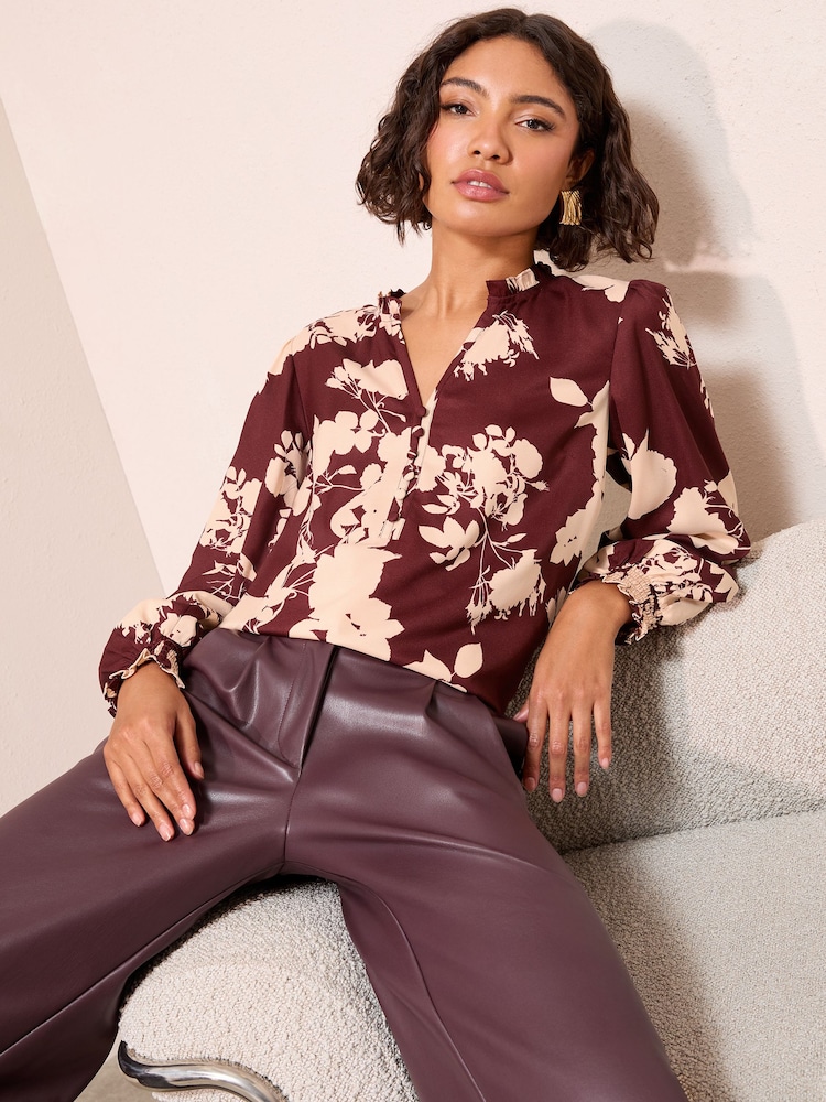 Friends Like These Burgundy Floral Long Sleeve V-Neck Button Front Blouse - Image 1 of 4