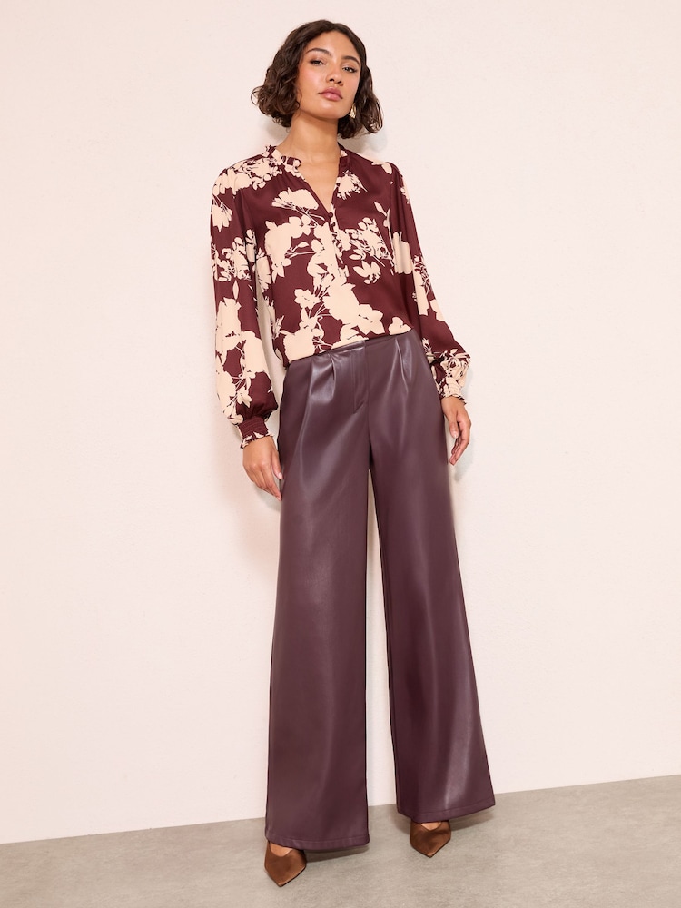 Friends Like These Burgundy Floral Long Sleeve V-Neck Button Front Blouse - Image 2 of 4