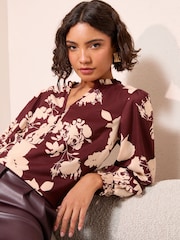 Friends Like These Burgundy Floral Long Sleeve V-Neck Button Front Blouse - Image 4 of 4