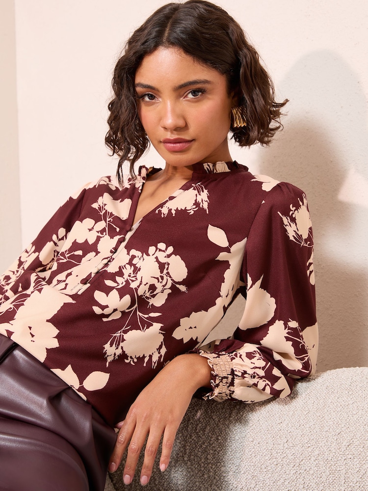 Friends Like These Burgundy Floral Long Sleeve V-Neck Button Front Blouse - Image 4 of 4