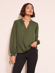 Friends Like These Olive Green Long Sleeve V-Neck Button Front Blouse - Image 1 of 4