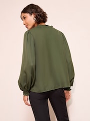 Friends Like These Olive Green Long Sleeve V-Neck Button Front Blouse - Image 3 of 4