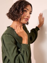 Friends Like These Olive Green Long Sleeve V-Neck Button Front Blouse - Image 4 of 4
