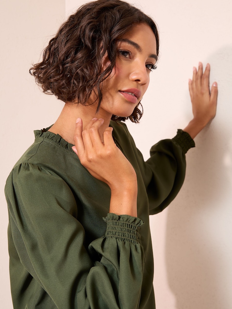Friends Like These Olive Green Long Sleeve V-Neck Button Front Blouse - Image 4 of 4