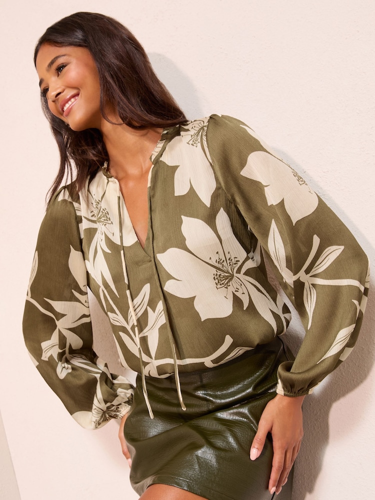 Friends Like These Floral Khaki Long Sleeve Chiffon Tie Neck Blouse - Image 1 of 4