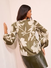 Friends Like These Floral Khaki Long Sleeve Chiffon Tie Neck Blouse - Image 4 of 4