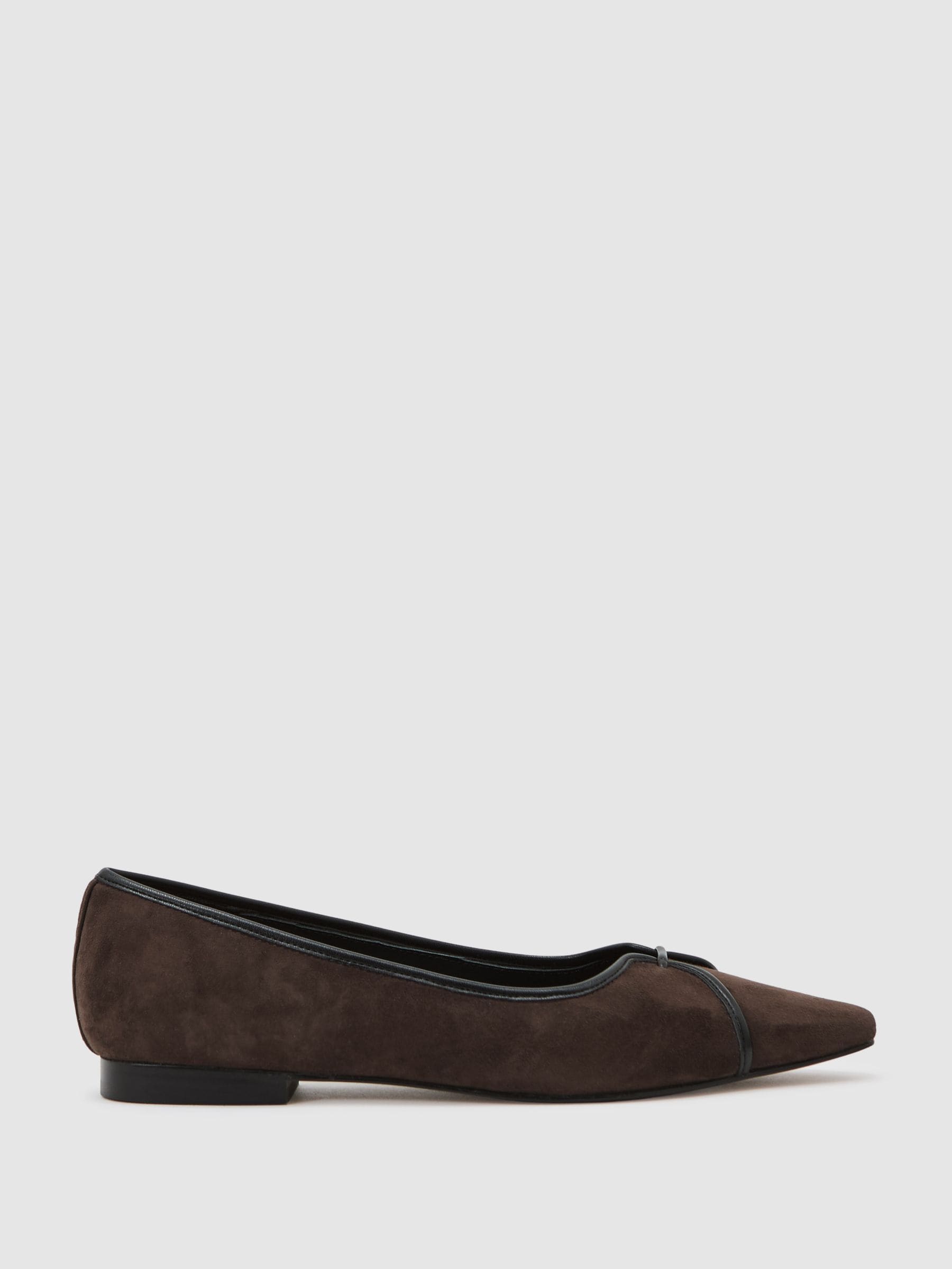 Reiss Chocolate Suede Pointed-toe Ballerina Shoes In Brown