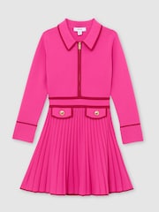 Reiss Bright Pink Anne Pleated Tipped Knit Dress - Image 1 of 4