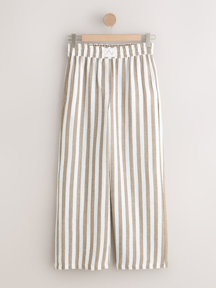 Ecru/Brown Stripe Pull On Wide Leg Trousers with Linen - Image 1 of 3