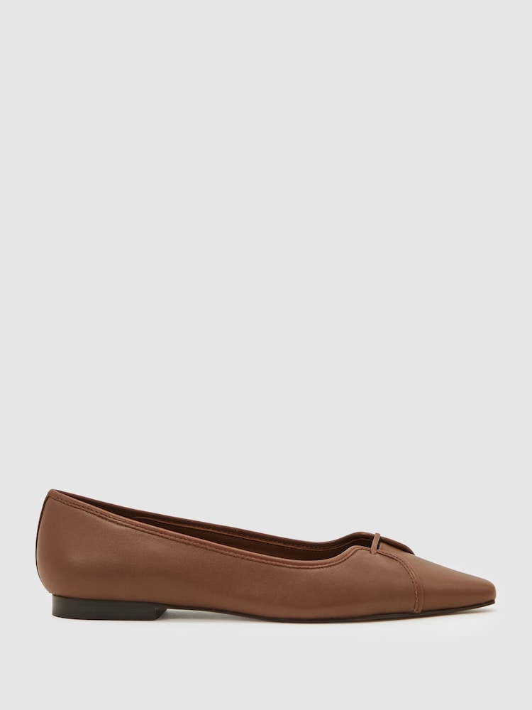 Reiss Tan Evelyn Leather Pointed-Toe Ballerina Shoes - Image 1 of 4 Reiss Tan Evelyn Leather Pointed-Toe Ballerina Shoes - Image 1 of 4