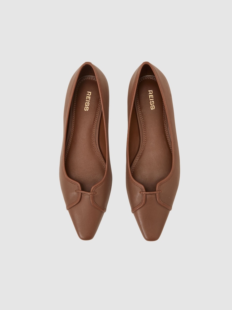 Reiss Tan Evelyn Leather Pointed-Toe Ballerina Shoes - Image 2 of 4 Reiss Tan Evelyn Leather Pointed-Toe Ballerina Shoes - Image 2 of 4