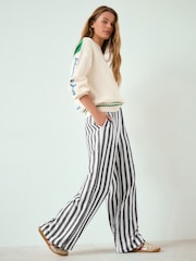 Grey/White Stripe Pull On Wide Leg Trousers with Linen - Image 1 of 8