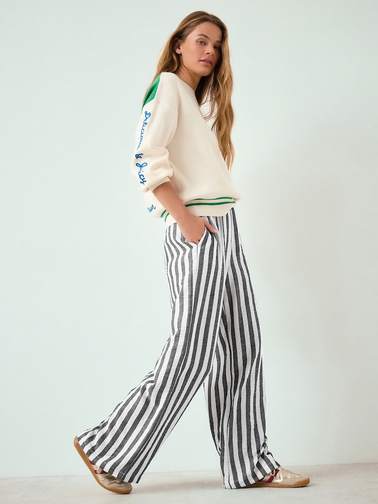 Grey/White Stripe Pull On Wide Leg Trousers with Linen - Image 1 of 8
