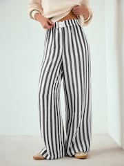 Grey/White Stripe Pull On Wide Leg Trousers with Linen - Image 3 of 8