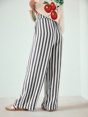 Grey/White Stripe Pull On Wide Leg Trousers with Linen - Image 4 of 8
