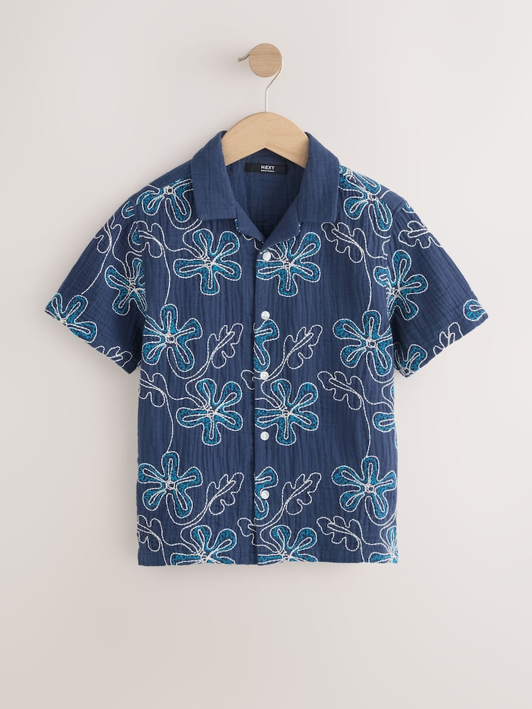 Dunkelblaue Stickerei-Blumen - Kurzarmhemd mit Reverskragen (3–16Jahre) - Bild 1 von 4